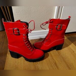 Red Womens Faux Leather Combat Boots. Fits Sizes 8-8.5.